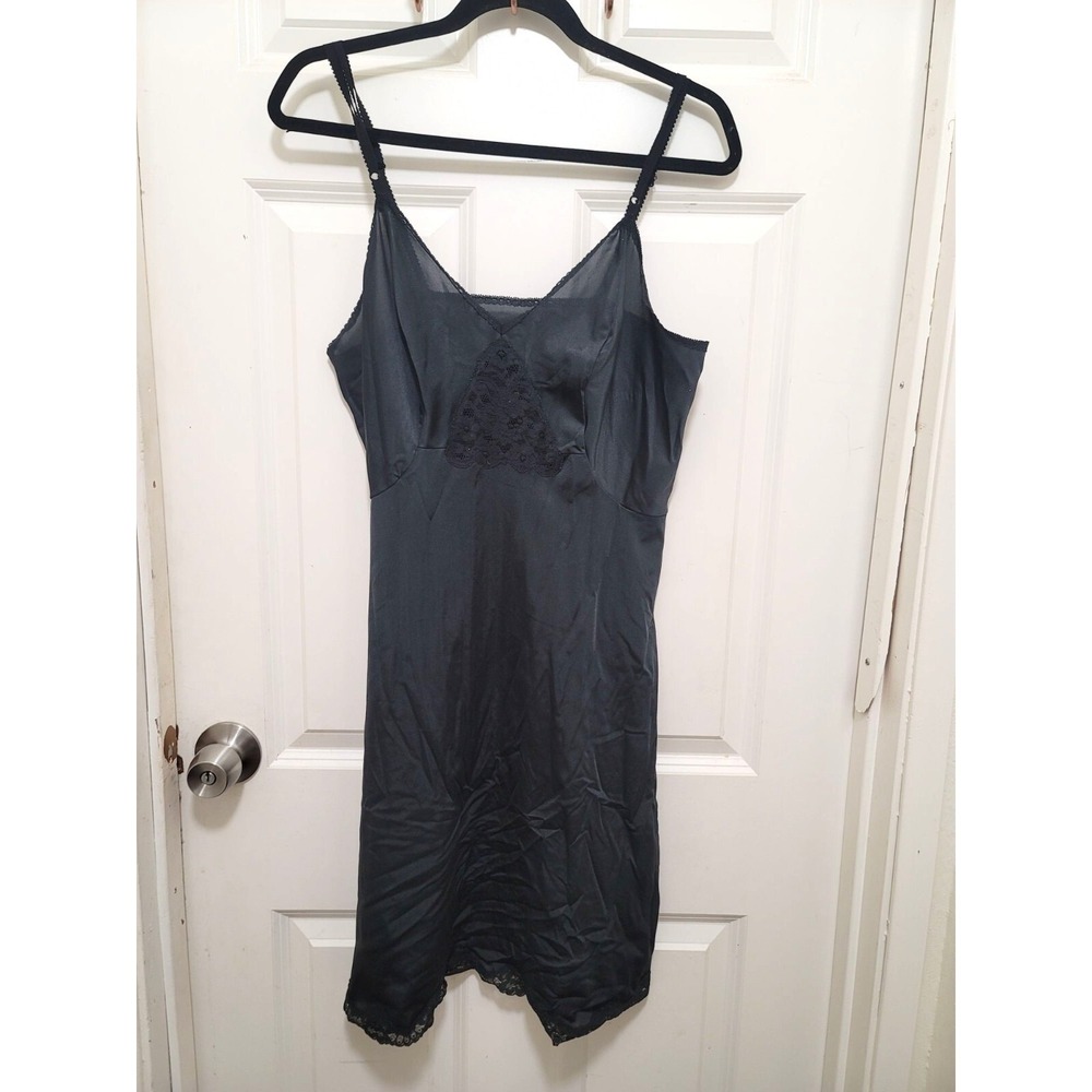 Vintage Black Intimates Lace Trim Slip Dress Size M